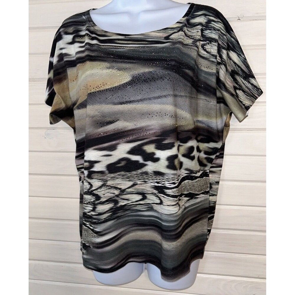 CHICO'S Sz 0 (SMALL) Earth Tones Studded Abstract Print Top Tee S/S USA MADE EUC